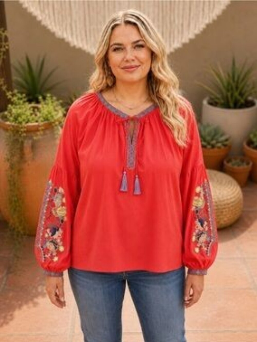 Adriana Floral Needlepoint Embroidered Top in Red by Raj Imports Size xl